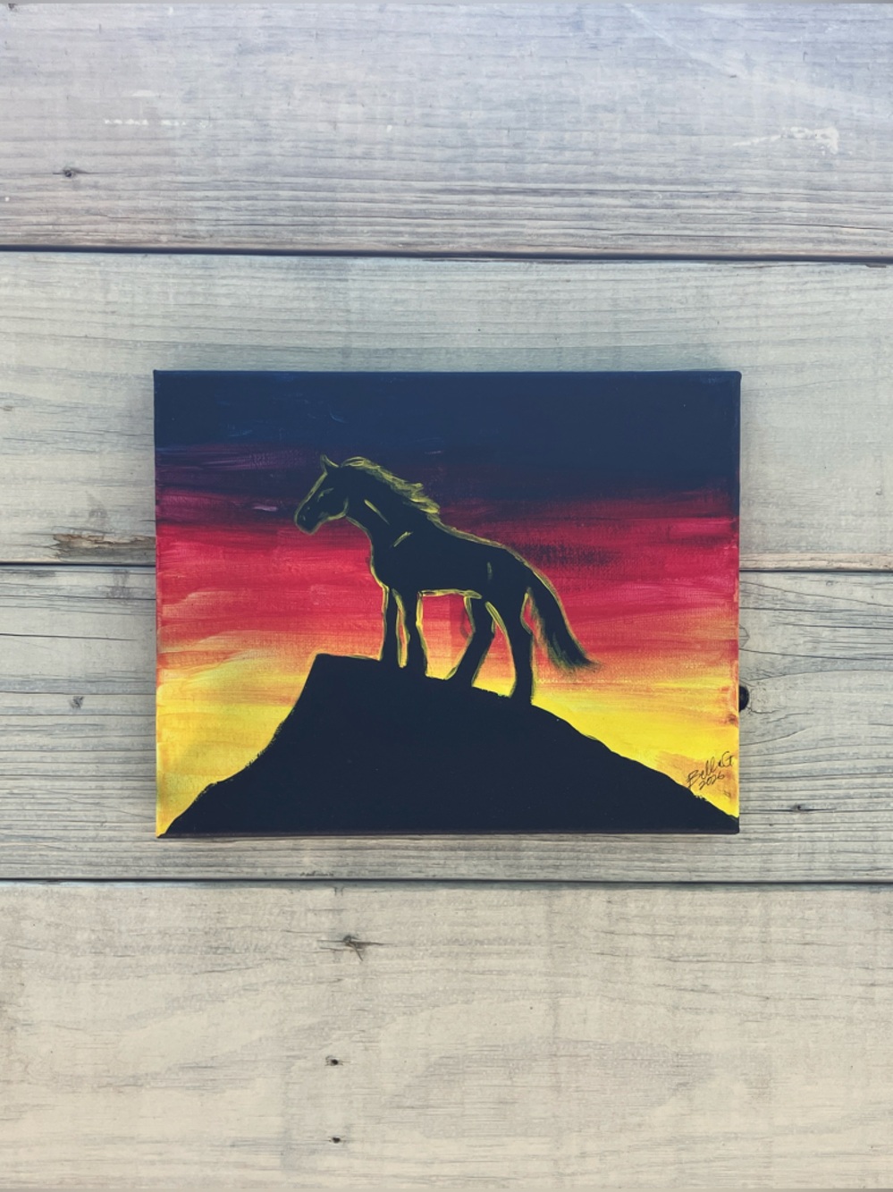 Original Silhouette Horse Sunrise Canvas Art - Red, Yellow, Black 8x10